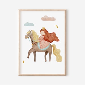 Póster de princesa con caballo para habitación infantil en tamaño A4 y A3, decoración de pared para niños y niñas, impresión de regalo.