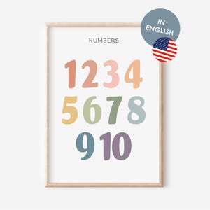 Póster educativo de números en inglés en tamaño A4 y A3 para habitación infantil | Carteles del ABC | Impresión de decoración de pared educativa Montessori para educación en el hogar