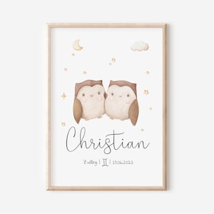 Segno zodiacale Gemelli con nome I Regalo per la nascita I Segno zodiacale personalizzato I Quadro per la cameretta dei bambini | Ragazzo I Ragazza | Decorazione murale
