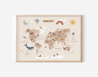 World map for the children&#39;s room in A4, A3 & A2 | Boys | Girls | Wall decoration | Gift | Print