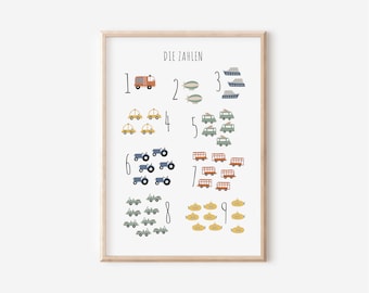 Posters with numbers and vehicles for the children&#39;s room in A4, A3 & A2 | Boy | Girl | Wall decoration | Gift | Print