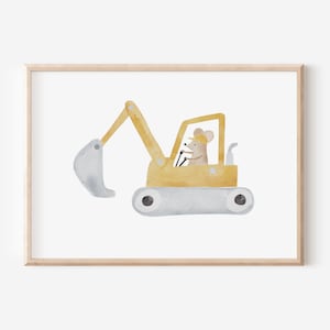 Póster de excavadora con ratón para habitación infantil en formato A4 y A3, decoración de pared para niños y niñas, impresión de regalo.