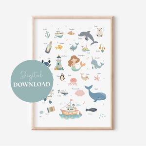 Alfabeto del mare: poster per la cameretta dei bambini con animali e oggetti dalla A alla Z, download digitale | Immagine dell'alfabeto | Imparare l'ABC | Decorazione murale | Regalo