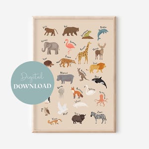 Tier Alphabet Kinder Digital Download | Alphabet-Bild | ABC lernen | Tier Poster | Kinderzimmer-Poster | Wanddekoration | Geschenk