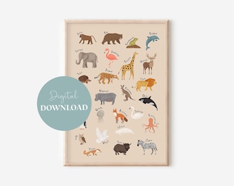 Animal Alphabet Kids Digital Download | Alphabet Picture | Learn ABC | Animal Poster | Nursery Poster | Wall Decoration | Gift