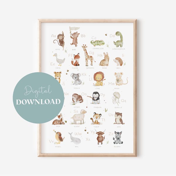 Image pour enfants "ABC" avec des animaux | Téléchargement numérique d'images de l'alphabet | Apprendre l'ABC | Affiches pour chambre d'enfant | Décoration murale