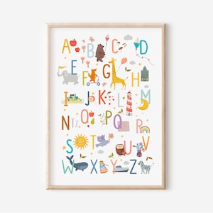 Poster Montessori-Alphabet für das Kinderzimmer in A4, A3 und A2 für Jungen und Mädchen, Wanddekoration, Geschenkdruck