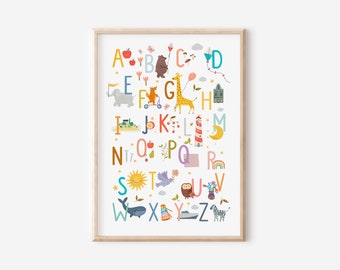 Montessori alphabet poster for the children&#39;s room in A4, A3 and A2 for boys and girls, wall decoration, gift print