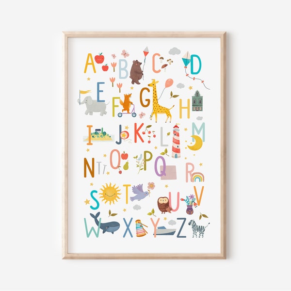 Poster Montessori-Alphabet für das Kinderzimmer in A4 und A3 für Jungen und Mädchen, Wanddekoration, Geschenkdruck