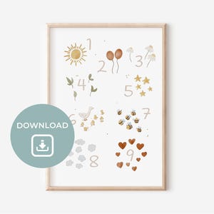 Cuadro infantil "Números" con animales| Descargar imagen digital del alfabeto | Aprende el abecedario | carteles para habitaciones infantiles | Decoración de pared
