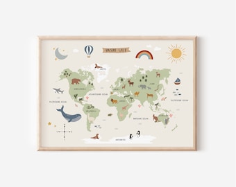 Weltkarte für das Kinderzimmer in A4, A3 & A2 | Jungen | Mädchen | Wanddekoration | Geschenk | Druck