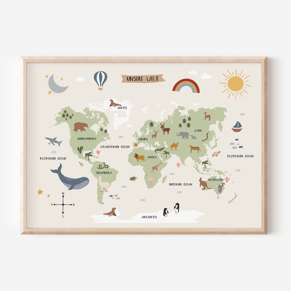 Weltkarte für das Kinderzimmer in A2 & A3 | Jungen | Mädchen | Wanddekoration | Geschenk | Druck