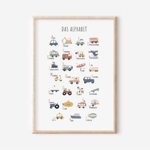 Pósters ABC de vehículos para habitaciones infantiles en A4, A3, A2 y 50x70 | niño | Chicas | Decoración de pared | Lámina de arte infantil | Presión