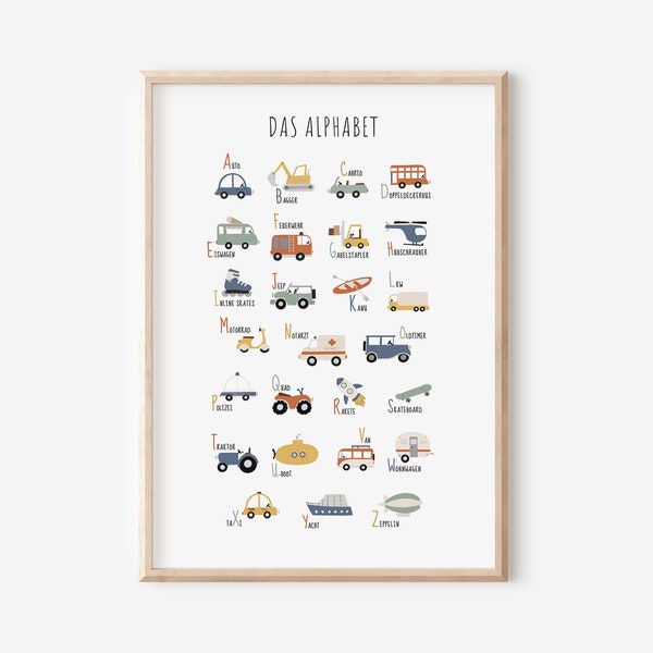 Fahrzeuge ABC Poster für Kinderzimmer in A4, A3 & A2  | Junge | Mädchen | Wanddekoration | Geschenk | Druck