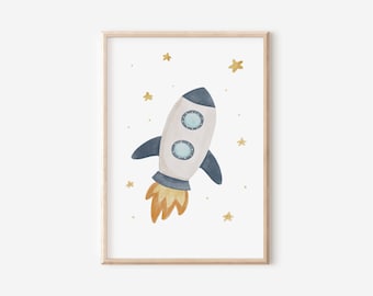 Poster rocket children&#39;s room in A4 and A3, boys girls wall decoration, print gift.