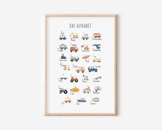 Fahrzeuge ABC Poster für Kinderzimmer in A4, A3 ,A2, 30x40 & 50x70 | Junge | Mädchen | Wanddekoration | Kinderzimmer-Kunstdruck | Druck