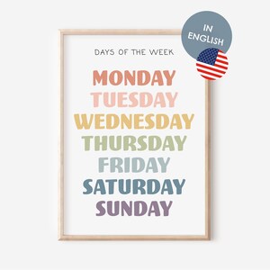 Póster educativo de los días de la semana en inglés en tamaño A4 y A3 para habitación de niños | Póster ABC Impresión de decoración de pared educativa Montessori para educación en el hogar