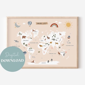 Weltkarte für das Kinderzimmer Digital Download | Jungen | Mädchen | Wanddekoration | Geschenk
