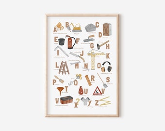 Construction site ABC poster for the children&#39;s room in A4 and A3 | Excavator | Boy | Girl | Wall decoration | Gift | Print