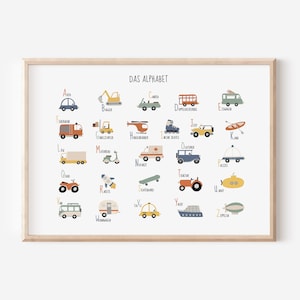 Póster ABC de vehículos para habitación infantil en 70x50, A2, A3 y A4 | chico | Chica | Decoración de paredes | Regalo | Presión