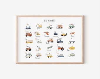 Vehicles ABC poster for children&#39;s room in 70x50, A2, A3 and A4 | Boy | Girl | Wall decoration | Gift | Print