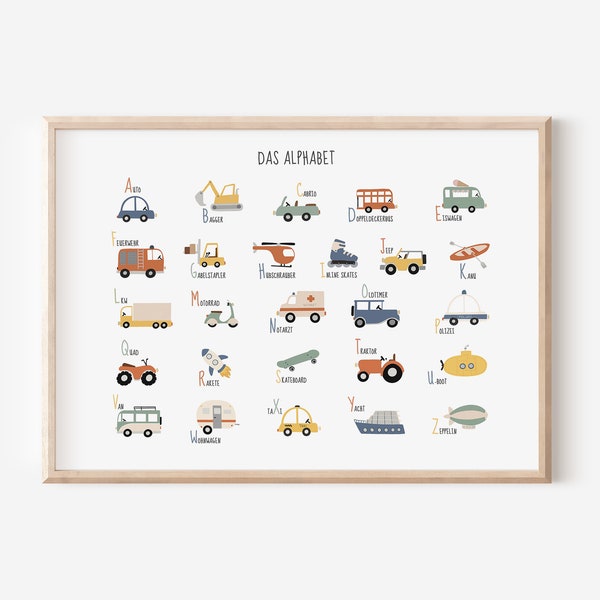 Vehicles ABC poster for children's rooms in A4 and A3 | boy | Girl | Wall decoration | Gift | Pressure