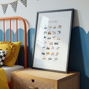 Może przedstawiać: Czarny plakat w ramie z białym tłem i kolorowymi ilustracjami pojazd&oacute;w. Plakat przedstawia alfabet niemiecki z tytułem "Das Alphabet" u g&oacute;ry.