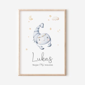 Segno zodiacale Scorpione con nome I Regalo per la nascita I Segno zodiacale personalizzato I Quadro per la cameretta dei bambini | Ragazzo I Ragazza | Decorazione murale