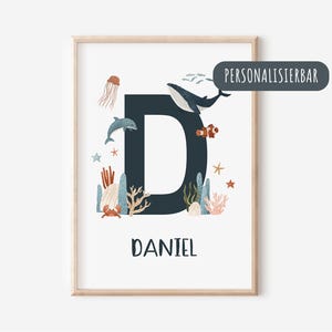 Póster con nombre de mar en A3 y A4 | Póster para habitación infantil | Lámina artística | Regalo para niño | Póster de mar | Póster de animales | Póster de ballena marina