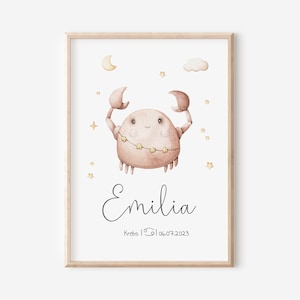 Segno zodiacale Cancro con nome I Regalo per la nascita I Segno zodiacale personalizzato I Quadro per la cameretta dei bambini | Ragazzo I Ragazza | Decorazione murale