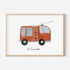 Póster de camión de bomberos para habitación infantil en A4 y A3 | Lámina de regalo para decoración de pared para niños y niñas