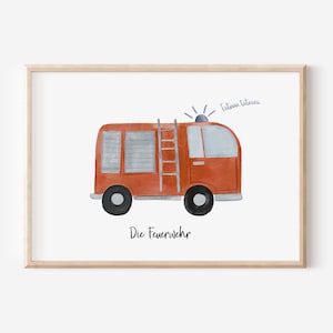 Fire engine poster for children's room in A4 and A3 | Wall decoration gift print for boys and girls