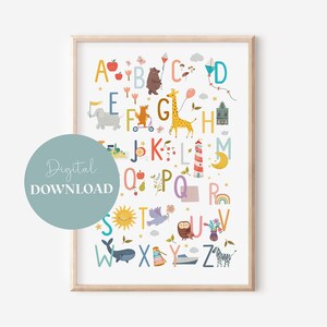 Póster del alfabeto Montessori para habitación infantil en tamaño A4 y A3 para niños y niñas - Descarga digital, decoración de pared, regalo