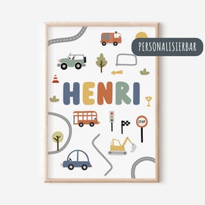 Personalisiertes Kinderzimmer-Poster – Name & Fahrzeuge | Bild Kinderzimmer| Wandkunst Kinder | Junge | Wanddekoration | Geschenk | Druck