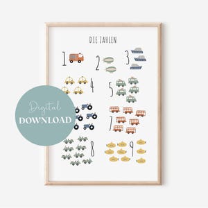 Poster mit Zahlen und Fahrzeugen für das Kinderzimmer Digital Download | Junge | Mädchen | Wanddekoration | Geschenk