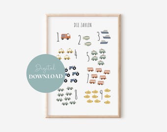 May include: A printable educational poster for children featuring colorful illustrations of vehicles and the German words "Die Zahlen" (meaning "The Numbers") at the top. The numbers 1 through 9 are displayed with corresponding images of vehicles, including a fire truck, a blimp, a boat, a car, a tractor, a bus, and a submarine.