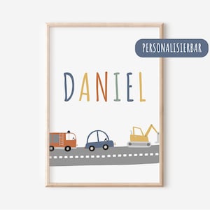 Personalisiertes Kinderzimmer-Poster – Name & Fahrzeuge | Bild Kinderzimmer| Wandkunst Kinder | Junge | Wanddekoration | Geschenk | Druck
