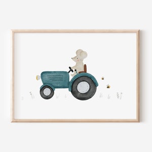 Póster de tractor con ratón para habitación infantil en formato A4 y A3, decoración de pared para niños y niñas, impresión de regalo.