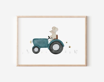 Poster tractor with mouse for children's room in A4 and A3 boys girls wall decoration gift print