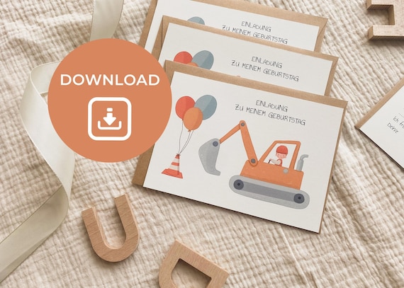 Party Einladung zum Download | Geburtstagseinladung Bagger im A6-Format | Digitale Datei | Download | Baustellengeburtstagsfeier für Kinder