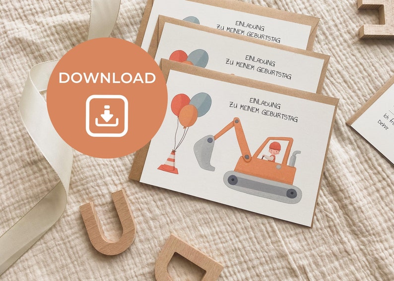 May include: Three printable birthday invitations with a construction theme. The invitations feature a cartoon excavator with a driver, a traffic cone, and three balloons. The text on the invitations reads "Einladung zu meinem Geburtstag".