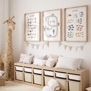 3er Set Personalisiertes Kinderzimmer-Poster – Fahrzeuge, Zahlen & Karte | Bild Kinderzimmer | Junge | Wanddekoration | Geschenk | Druck