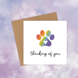 Je pense à vous - carte de sympathie pour animal de compagnie - carte de condoléances simple à empreinte de pattes arc-en-ciel pour chiens chats - cadeau de deuil commémoratif pour la perte d'un animal de compagnie