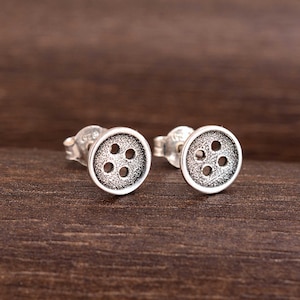 Sterling Silver Button Stud Earrings, Four-Hole Design, Minimalist Jewelry, Sewing Lover Gift