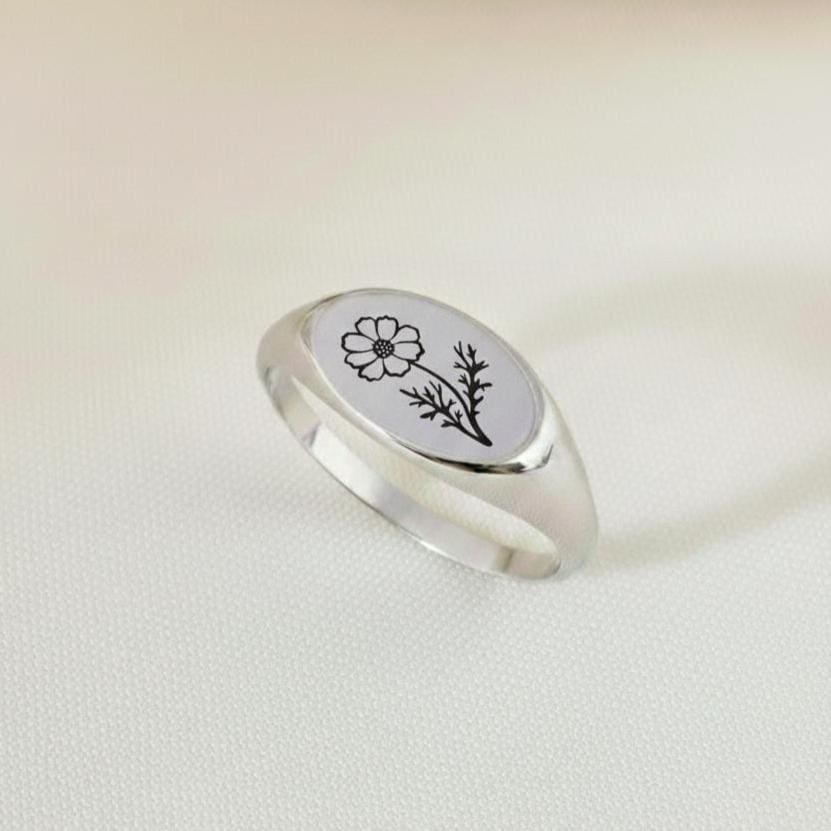 Floral Signet Ring Sterling Silver, Botanical Flower Ring