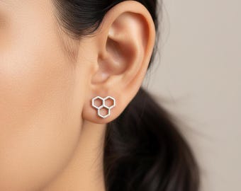 Sterling Silver Honeycomb Stud Earrings, Hexagon Bee Hive Design