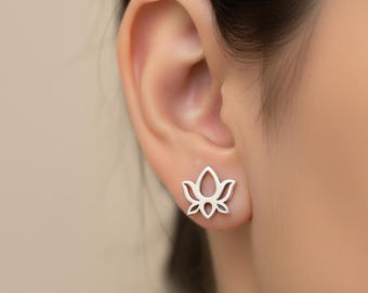 Sterling Silver Lotus Flower Stud Earrings, Yoga Jewelry