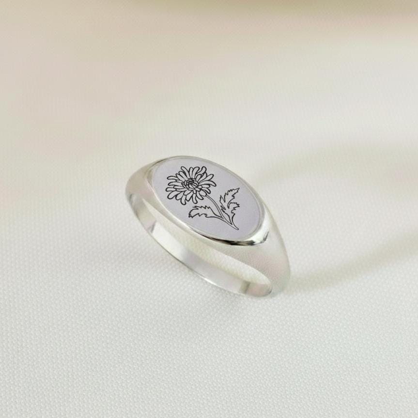 アクセサリー Signet Ring with Flower / White 925 Sterling Silver Violet Birth Flower Signet Ring, Minimalist