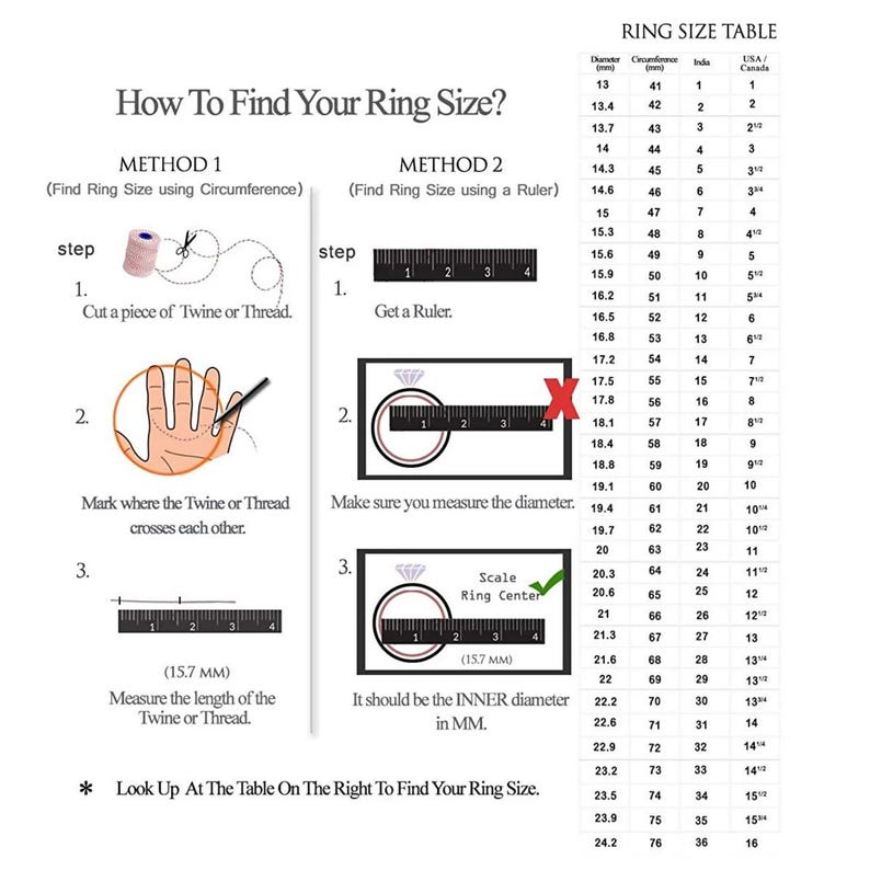 Puede incluir: Gu&iacute;a de tallas de anillos con dos m&eacute;todos: circunferencia con hilo y regla para medir el di&aacute;metro interior en mm. Incluye una tabla de conversi&oacute;n de tallas de anillos.