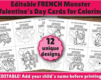 EDITABLE - FRENCH Printable Black and White Kids Valentine's Day Cards for School - Cute Monster Coloring Pages - Instant Download